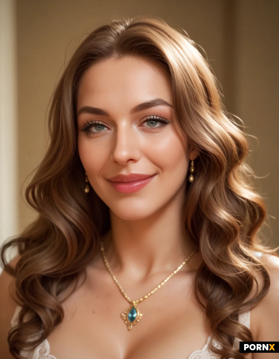 She has long, dark, wavy hair that frames her face. Her eyes are large and expressive, with defined eyebrows and long lashes. She has a radiant smile with full lips that are glossed. Her nose is small and delicate, and her cheekbones are subtly defined. She's wearing a delicate gold necklace with a small pendant.