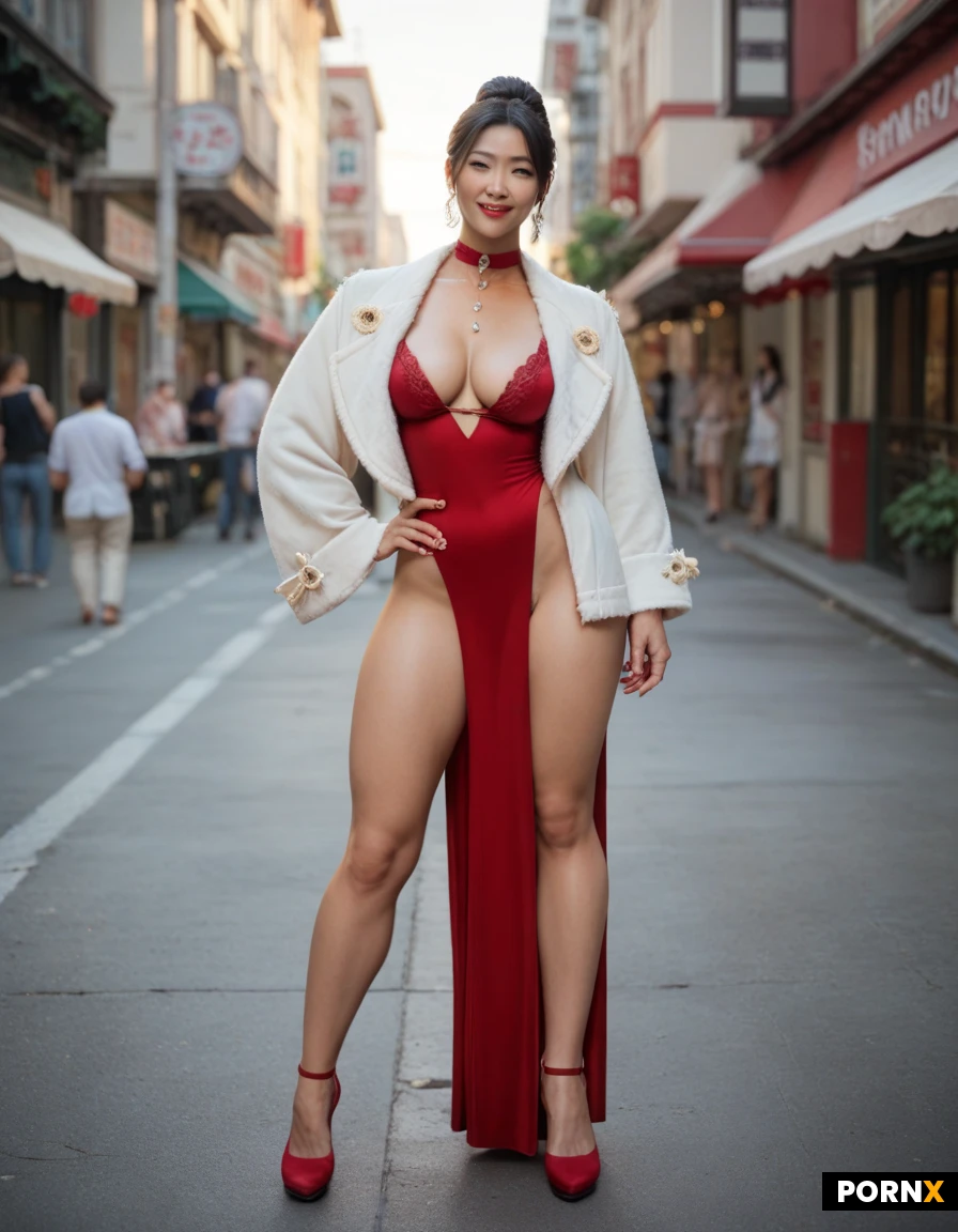 A super sexy asian woman medium nice rounded tits and nakede under at semi long tailcoat, istading, full boydy view on a raniny street in bangkok