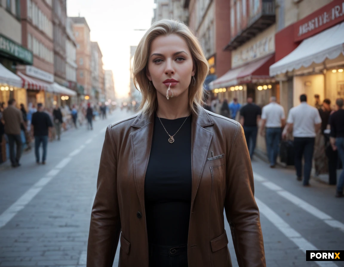 masterpiece, best quality, highres, absurdres, 1girl, blonde_hair, solo, walking, cum_on_face, cum, city, street_market, crowd, day, urban, realistic, detailed_background, dynamic_angle, cinematic_lighting, wide_shot