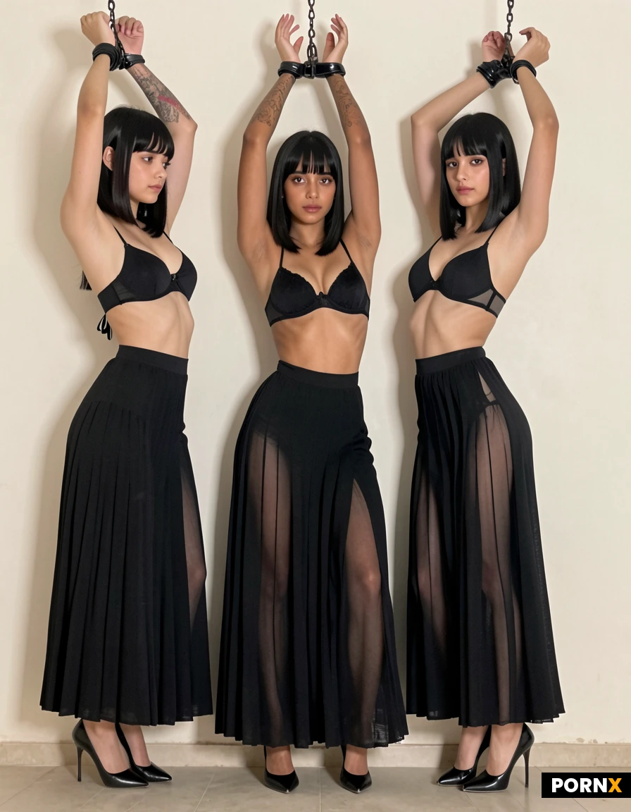 masterpiece, best_quality, highres, absurdres, arms_up, legs_apart, tiptoe, standing, full_body, sheer_skirt, long_skirt, lingerie, black_high_heels, harem_outfit, tattoos, bdsm, spanking, harem, dim_lighting, front_view
