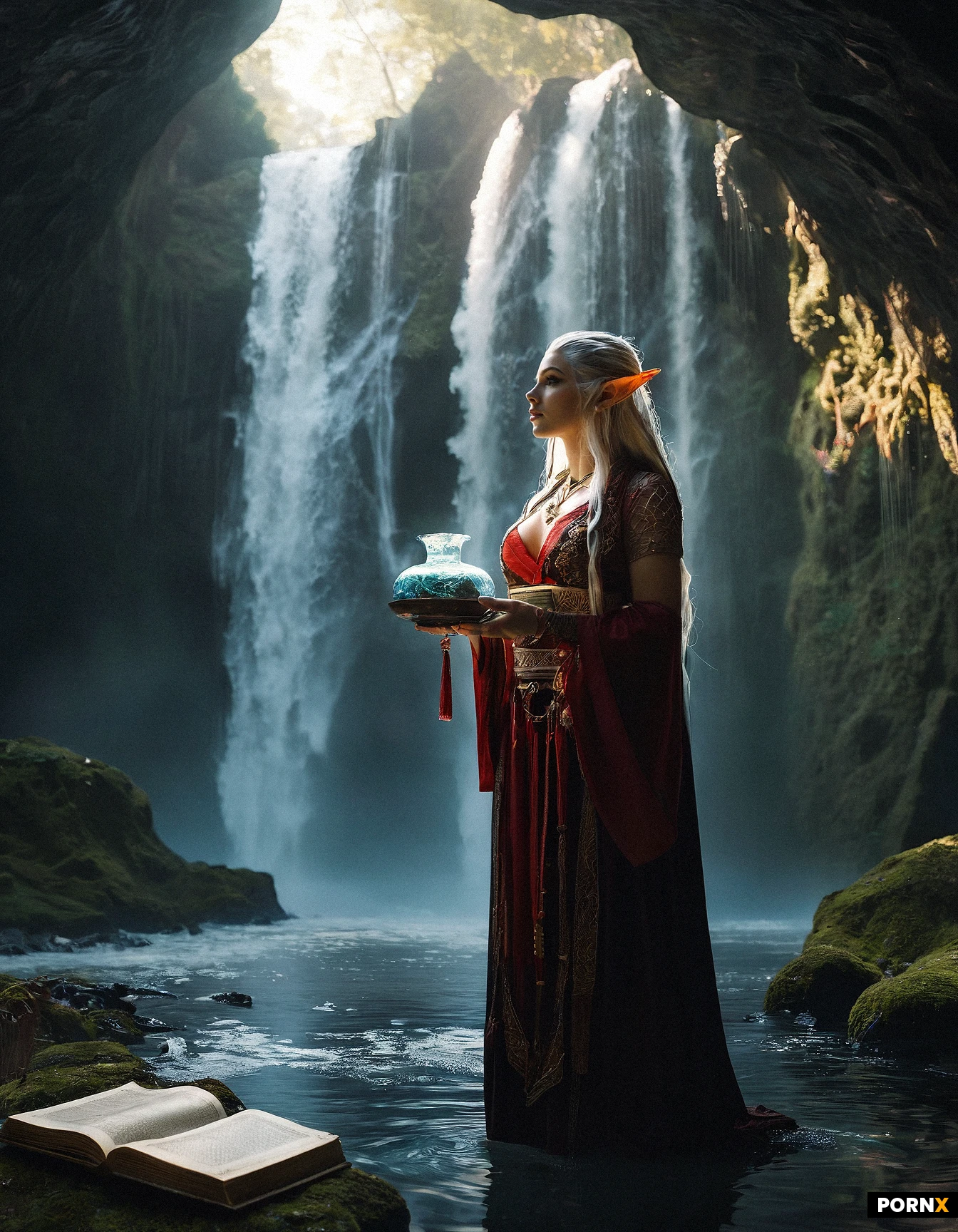 (scholarly high‑elf princess immersed in ancient knowledge:1.5),
(elegant elven noblewoman wandering her vast arcane library:1.3),
(sexy perfect face:2)
(massive big gigantic arcane glowing magic old ancient tome book:2.6)
### FACE
(radiant smooth elven skin:1.5),
(bright inquisitive eyes:1.5),
(soft thoughtful expression:1.3),
(long refined lashes:1.1),
(gracefully tapered elf ears:1.3),
### HAIR
(long flowing white‑blonde hair:1.5),
(gentle natural waves:1.3),
(strands drifting around her shoulders:1.1),
(looking down into a book:2)
### BODY
(slender graceful silhouette:1.5),
(relaxed scholarly posture:1.3),
(smooth warm complexion:1.1),
(elegant measured movements:1.5),
### ATTIRE
(opulent elven scholar robes:1.5),
(layered fabrics with shimmering runic trim:1.3),
(translucent accents catching the light:1.3),
(delicate embroidered patterns:1.1),
(flowing sleeves and soft drapery:1.1),
### OBJECTS
(ancient arcane tome glowing faintly:1.5),
(runes drifting above the pages:1.3),
(tall shelves overflowing with books:1.3),
(crystal reading lamps:1.1),
(scattered scrolls and enchanted quills:1.1),
### ENVIRONMENT
(grand elven library with towering shelves:1.5),
(arched windows casting soft natural light:1.3),
(floating platforms and spiral walkways:1.3),
(warm lantern glow across polished wood:1.1),
(gentle drifting dust motes:1.1),
### CAMERA
(soft portrait‑style framing:1.5),
(mid‑shot angle capturing shelves behind her:1.3),
(shallow depth of field:1.3),
(sharp focus on her face and the tome:1.5),
(warm subtle lens bloom:1.1),
### LIGHTING
(warm golden illumination:1.5),
(highlights tracing her robes and hair:1.5),
(gentle ambient fill from lanterns:1.3),
(glowing runes reflecting on her features:1.5),
(soft natural shadows:1.1),
### POSE
(sitting on desk between towering shelves:1.5),
(high‑elf princess preparing for a sacred waterfall‑sanctuary ritual bath:1.5),
(elven noblewoman surrounded by cascading water and ancient forest magic:1.3),
### FACE
(radiant smooth elven complexion:1.5),
(serene focused expression:1.5),
(subtle ritual markings painted with mineral pigments:1.3),
(long refined lashes:1.1),
(gracefully tapered elf ears adorned with water‑charms:1.3),
### HAIR
(long flowing moon‑silver hair:1.5),
(braided with river‑flowers and crystal beads:1.3),
(strands glistening in the mist:1.1),
### BODY
(slender graceful silhouette:1.5),
(poised reverent posture:1.3),
(warm luminous skin tone:1.1),
(moving with ritual calm and intention:1.5),
### ATTIRE
(ceremonial waterfall‑silk robe:1.5),
(light shimmering fabrics inspired by flowing water:1.3),
(delicate blue and silver embroidery:1.3),
(soft translucent accents catching the mist:1.1),
(robe draped in preparation for the ritual:1.1),
### OBJECTS
(crystal‑clear pool fed by cascading water:1.5),
(floating petals and glowing river‑blossoms:1.3),
(silver bowls of sacred springwater:1.3),
(crystal vials of cleansing oils:1.1),
(rune‑stones arranged in a ritual circle:1.1),
### ENVIRONMENT
(secluded waterfall sanctuary deep in the forest:1.5),
(tall moss‑covered cliffs framing the cascade:1.3),
(gentle mist drifting through the air:1.3),
(beams of sunlight refracting through falling water:1.1),
(glowing insects and drifting pollen:1.1),
### CAMERA
(soft natural framing:1.5),
(mid‑shot angle capturing waterfall and sanctuary:1.3),
(shallow depth of field:1.3),
(sharp focus on her face and ritual items:1.5),
(water‑lit lens bloom:1.1),
### LIGHTING
(bright natural illumination from waterfall light:1.5),
(highlights tracing her hair and robe:1.5),
(gentle ambient glow from reflected water:1.3),
(runes shimmering softly on wet stone:1.5),
(soft natural shadows:1.1),
### POSE
(standing at the water’s edge:1.5),
(one hand holding a ritual bowl:1.3),
(other hand touching a glowing rune‑stone:1.3),
(head bowed in quiet reverence:1.5),
(hair and robe moving gently in the waterfall breeze:1.1),
### MOOD / ACTION
(serene spiritual atmosphere:1.5),
(preparing for a sacred cleansing ritual:1.3),
(calm focused demeanor:1.3),
(sense of ancient water‑born purity:1.5),
(opulent elven nature‑magic ambiance:1.1)
(massive breasts:2.5)
(slim:2)
(bimbo:1.5)
(revealing dress:1.4)