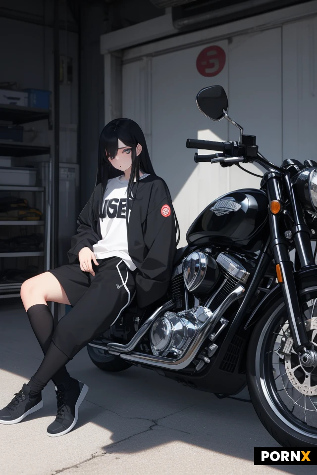 Long black hair, bleu eyes, in garage, dark, lening against a motorcycle, wearing streetwear, teasing