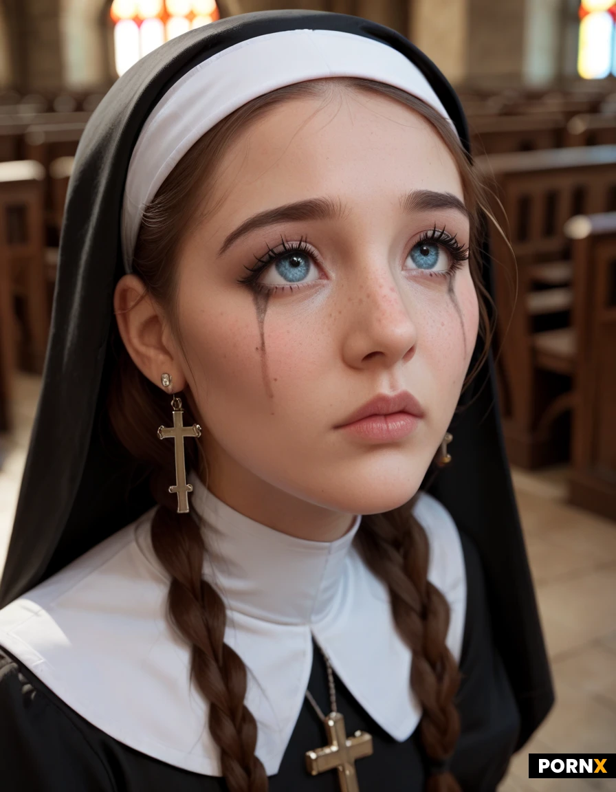 20yo girl. small face. cute face. big eyes. freckles. stub nose.
small breasts. blue eyes. black eyeliner. braided hair. black eyeliner. cross earrings.
sexy nun costume. shy. running mascara.
looking up
hands folded.
in church. bokeh