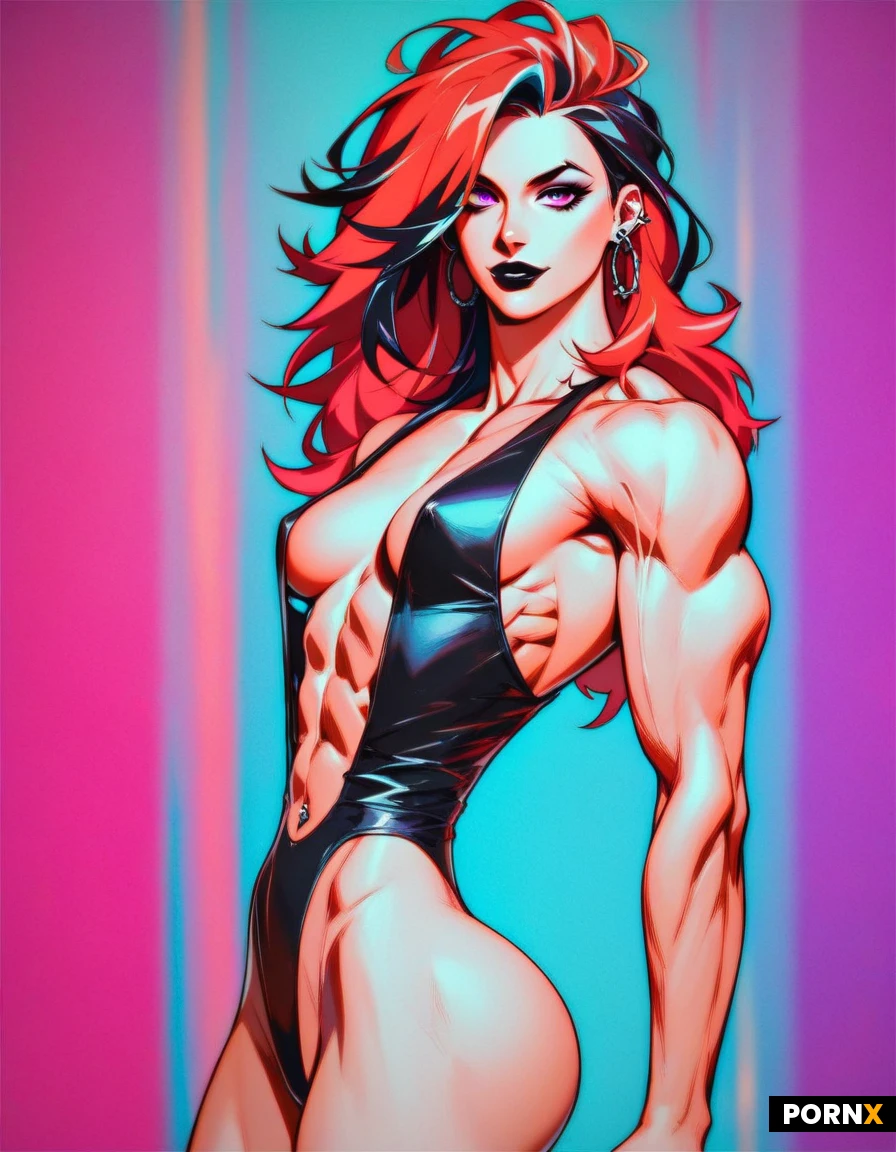 (a hot slutty goth camgirl, (thin build:1.4), small breasts, cute face, (extremely thin waist:1.5), toned muscles, (small perfect ass), pronounced thigh gap, (long messy red hair with black highlights), pale skin, big purple eyes, black lips, ear piercings, very seductive looks), modern bedroom, very skimpy underwear, exposed abs