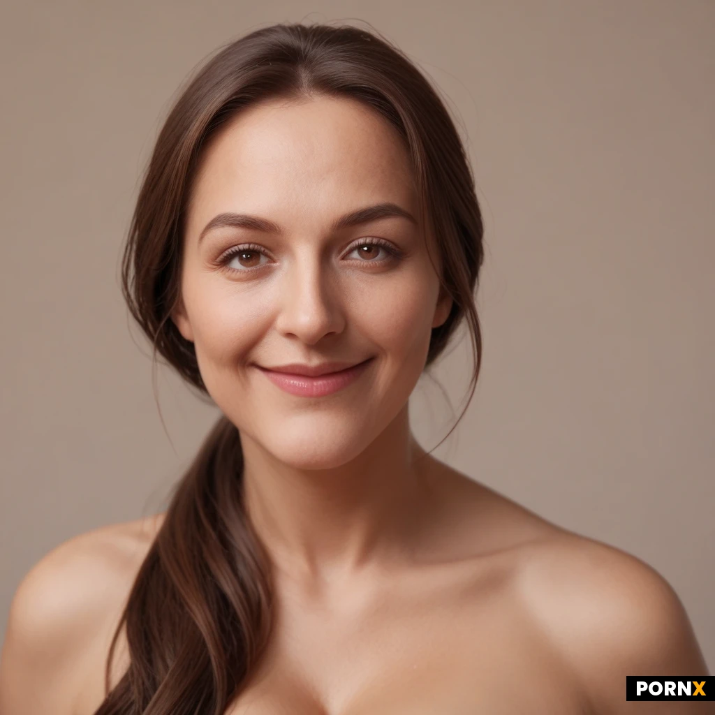 18 years old woman. Pale white skin, brown eyes, narrow face. Dark brown hair, long hair in a ponytail. Slight smile. Facing the viewer, looking directly at the viewer, head straight, direct eye contact, upper body visible, cleavage. Average body, average breasts. Nude. Fantasy character, detailed face, expressive eyes, clean rendering, soft cinematic lighting, simple neutral background.