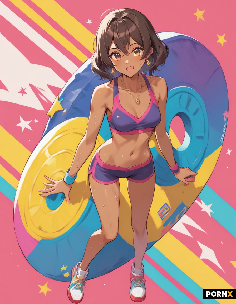 anime, perfect body:1.5, woman, soft cute face:1.5, cute:1.5, super slim, tight detailed skin:2.0, fit, firm perky breasts, adorable:1.5, natural curves, short pretty hair, cute casual athletic-wear, petit, cute idol, big calves, adorable:1.5, perky, thigh gap, anime,energetic and carefree and messy and wild, exercising, amazing athlete, cute sexual couple, super horny and sexual, intimate couple scene, wet groin, sexual arousal, full body, brown skin,