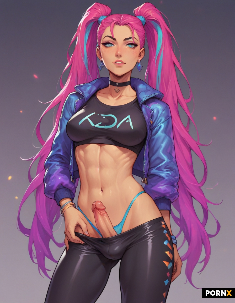 Kai'sa from LOL Wearing  K/DA game skin as a sexy futanari with long pigtails hairstyle String