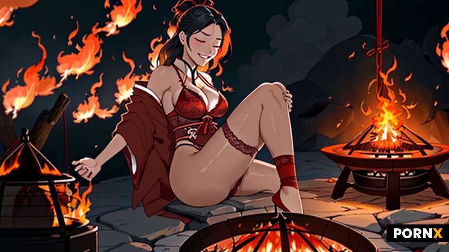 Japanese woman in shibari dangling in the air in ropes over a raging firepit with tall engulfing fla