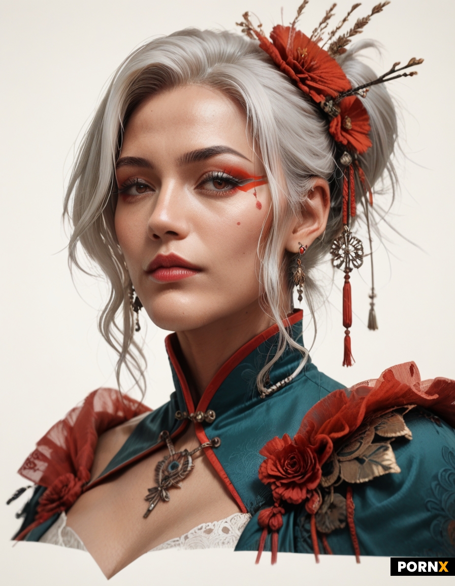 beautiful 20 year old woman with white hair with red streaks of hair of Korean ethnicity with medium