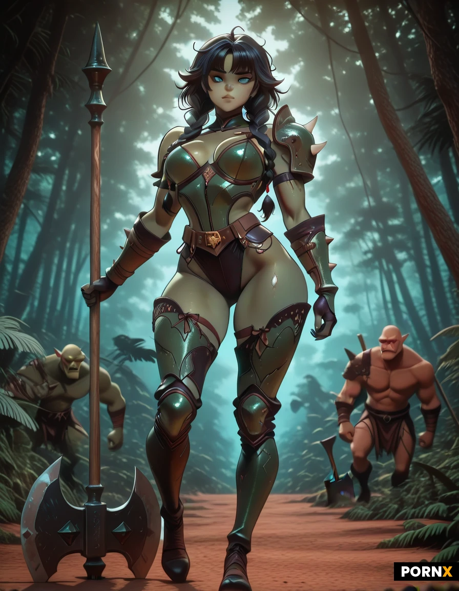 Orc Woman, Muscular, Lean, Long Black Hair, Messy Hair, Braids, (Green Skin:1.3), Small Tusks, Blue Eyes, Leather Armor, Sexy Armor, Pole Axe, Sexy Pose, Full Body, Jungle Setting
