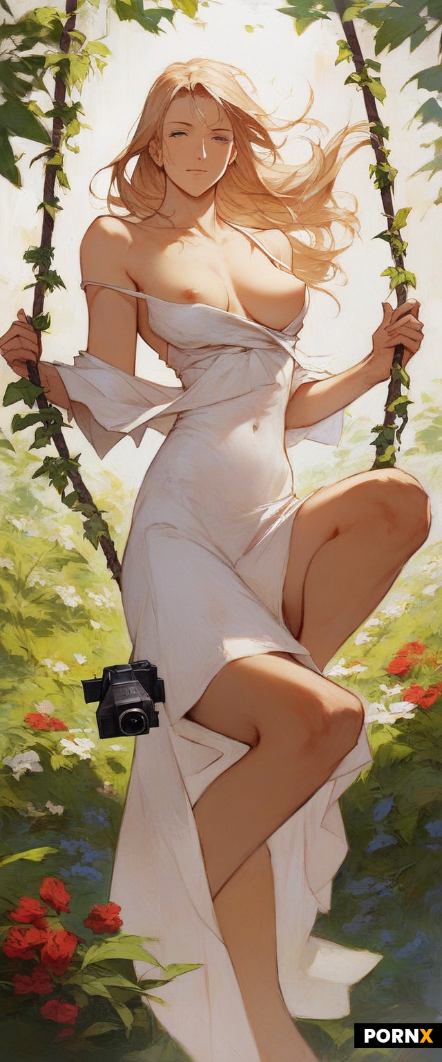 Fate stay night anime style woman sitting on swing in a garden