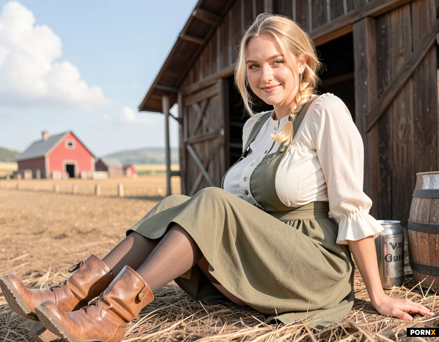 masterpiece, best quality, highres, absurdres, farmer outfit(blouse, skirt-dress, nylon stockings, farmer ankle boot), barn, mainland, malicious look, smiling, blue sky, sunny day with some clouds, we can see one old man( old farmer)sitting in the background,