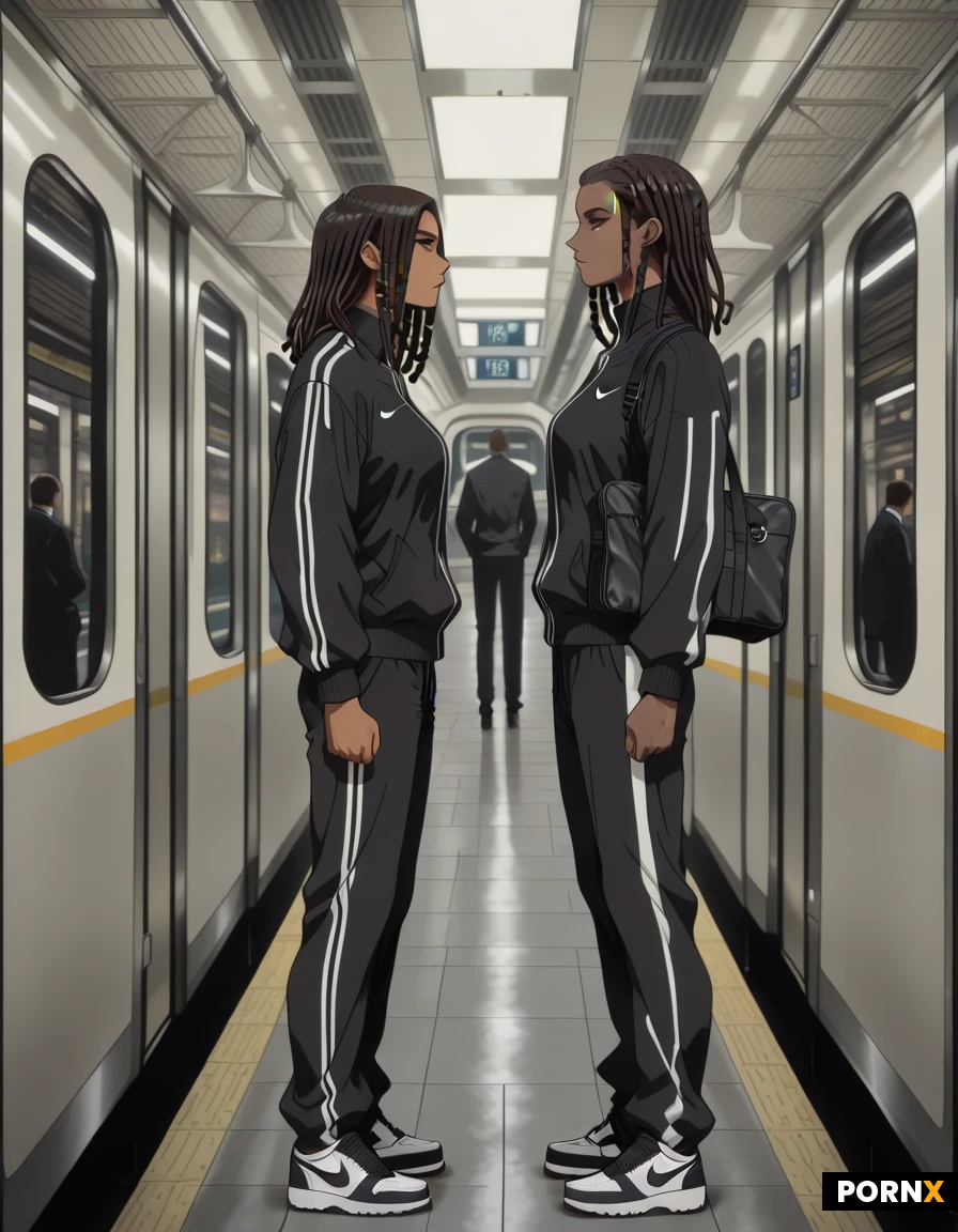 African American man 18 years old, hair in dreadlocks, slender physique wearing black Nike track suit with Nike track suit, standing on a platform inside Canal Street train station in New York City, Train arriving, side view, extremely well detailed