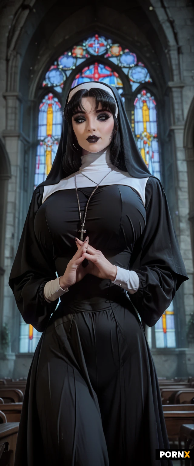 Goth, cute nose, cute lips, huge blue eyes, cute cheeks, cute chin, thick eyelashes, heavy dark eyeshadow, heavy eyeliner, goth makeup, black lipstick, long straight black hair, pale skin, tiny waist, slender body, hyper breast, clothes too tight, clothes, abs, standing, nun outfit, nun habit, church, view from below,
