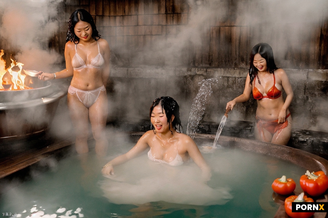 Naked Japanese woman tied up in a steaming fiery tub and submerged with legs up while a Chinese woma