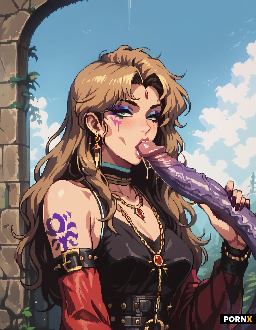 1 woman orally sucking a large purple tentacle monster's tentacles in modest covered street clothing