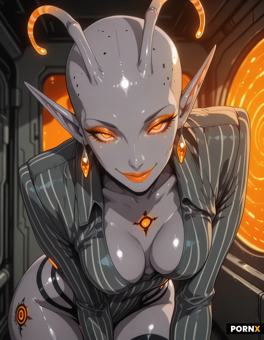 alien, grey alien futuristic striped suit, matte bronze skin, masterpiece, best quality, highres, absurdres, 1girl, adult, solo, phosphorescent alien eyes, skinny, medium breasts, seductive, looking at viewer, space prison, soft lighting, warm lighting, close up, shallow depth of field, hot alien, ring earrings, short elf ear, perfect face, spiral alien antenna the same color as the skin, perfect body, sexy posing, perfect legs, outfit full of details, orange lips, alien tattoo, bald, sexy smile
