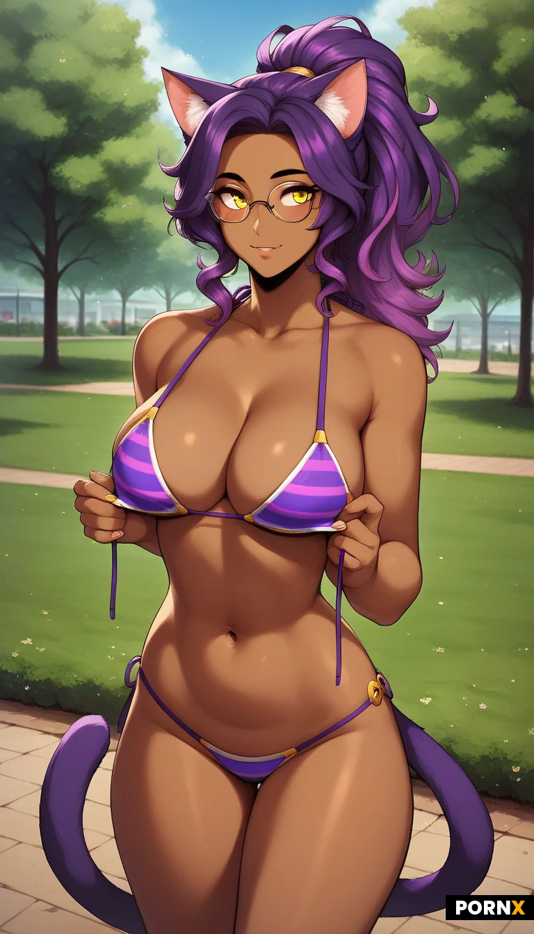 solo, (20s:1.3), cute furry cat girls, cat ears, purple cat tail, pretty brown skin, big breasts, purple hair, medium lenght hair, ponytail hair, slim body, skinny thighs, glasses, cute happy face, beautifull golden eyes, decollete, (multicolor intricate bikini :1.5), (grabbing bikini top strap), standing in park, (dynamic view), ultra detailed image,