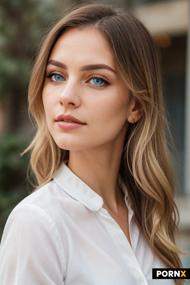 A stunning 25 Caucasian woman, appearing to be in her early twenties, with striking bright blue eyes and full, subtly glossed lips. Her long, flowing blonde hair is styled with gentle waves, framing her face and slightly obscuring the blurred, out-of-focus background. She is wearing a crisp, white collared shirt made of a smooth, cotton-like material, with the collar open. The lighting is soft and diffused, highlighting the delicate texture of her skin and the subtle contours of her face. Her gaze is directed forward, her expression neutral yet captivating. The composition is a close-up portrait, with the woman occupying the majority of the frame, emphasizing her features. The shallow depth of field creates a soft bokeh effect in the background, suggesting an outdoor urban environment without providing specific details. The overall mood is elegant and serene, with a touch of sophisticated allure.