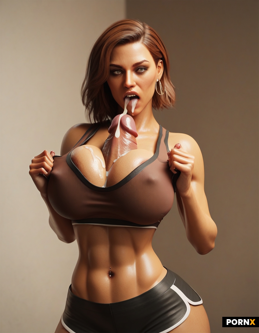 She’s wearing a brown tight sports bra and booty shorts