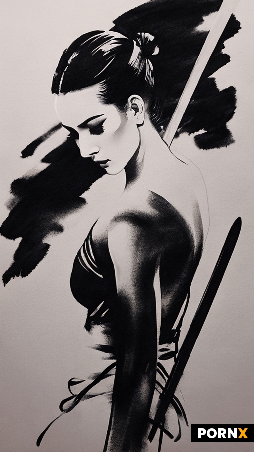 A minimalist ink drawing of ballerina with samurai sword with clean