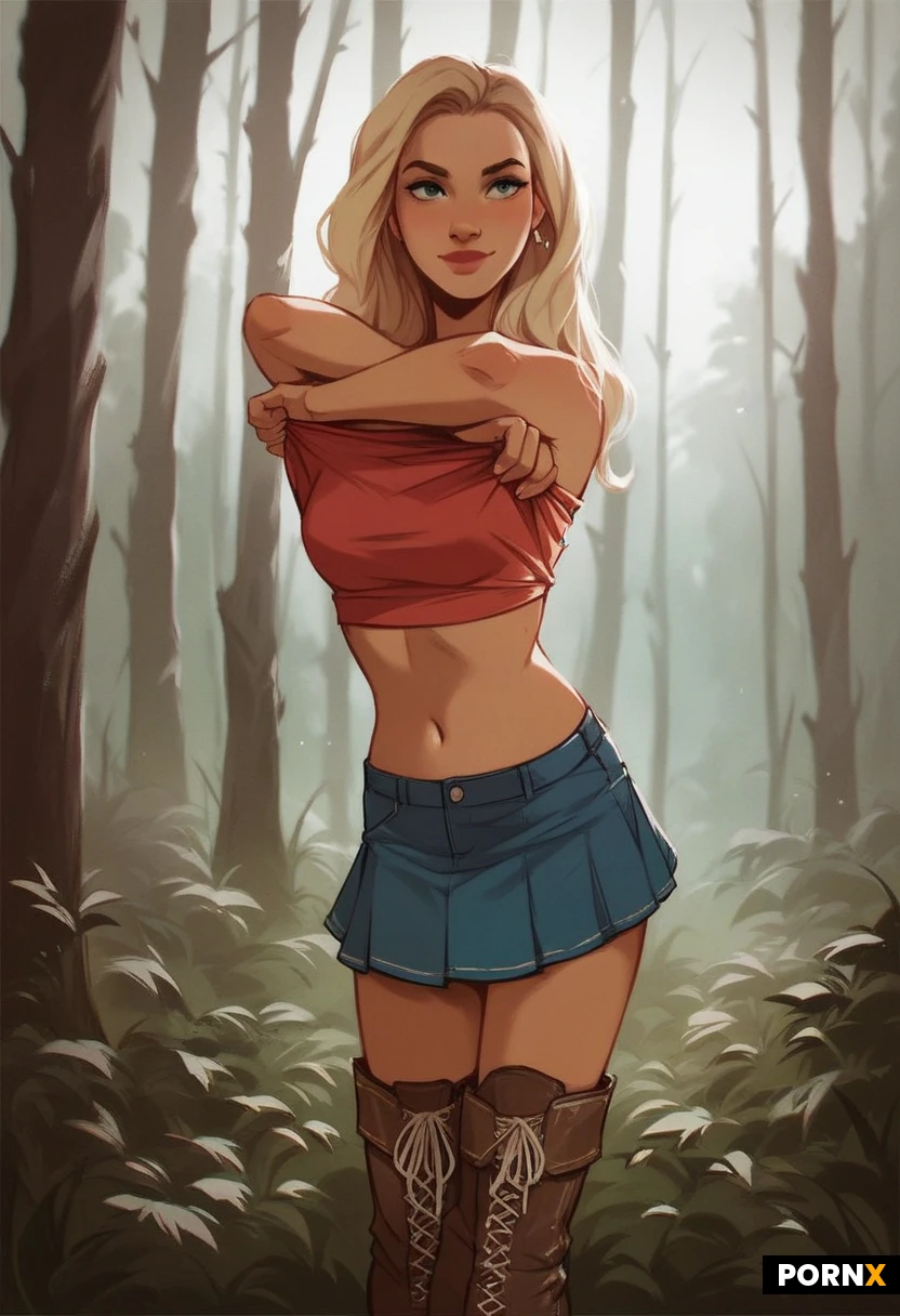 NSFW Masterpiece,Score_9,score_8_up,score_7_up,(best quality:1.1),ultra-detailed,high resolution,super detailed skin,nsfw,Highly Visible,8k,sharp focus,beautiful,perfect lighting,smooth edges,realistic, 2D digital art, BREAK,Beautiful woman,swedish face,age 25, pale with subtle bikini lines, (blonde hair:1.5),blu eyes, natural medium breasts,seductive face,(peasant top, short skirt, brown knee high boots:1.8), ( sunny, summer, forest:1.6), (stripping, strip tease:1.7), seductive pout, playful