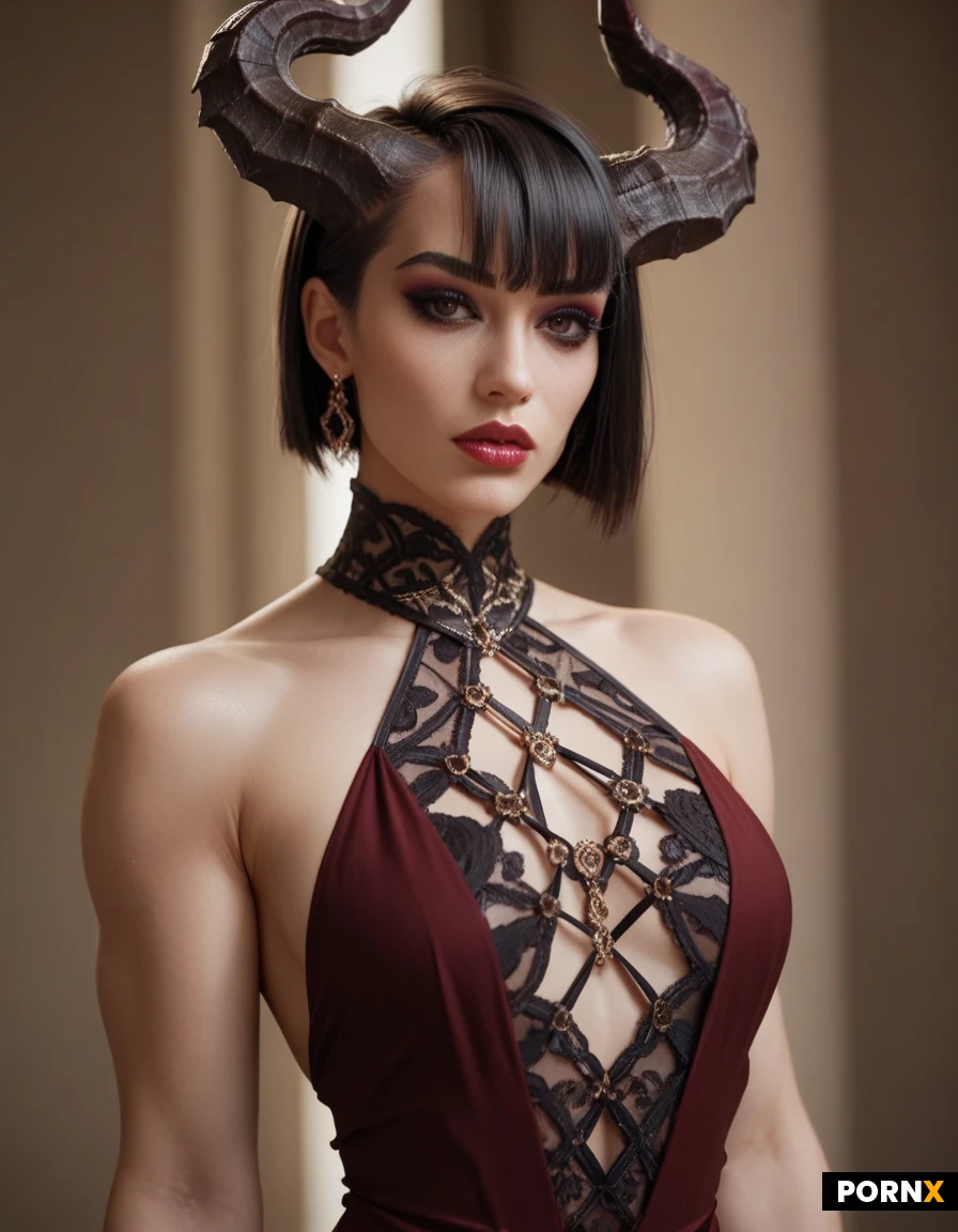 Demoness, Slim body, Narrow waist, Twisted horns, Dark eyeshadow, Long eyelashes, Mascara, Black hair, Long bobcut, Bangs, Luxury, Intricate dress, Chocolate dress, Jewelry
