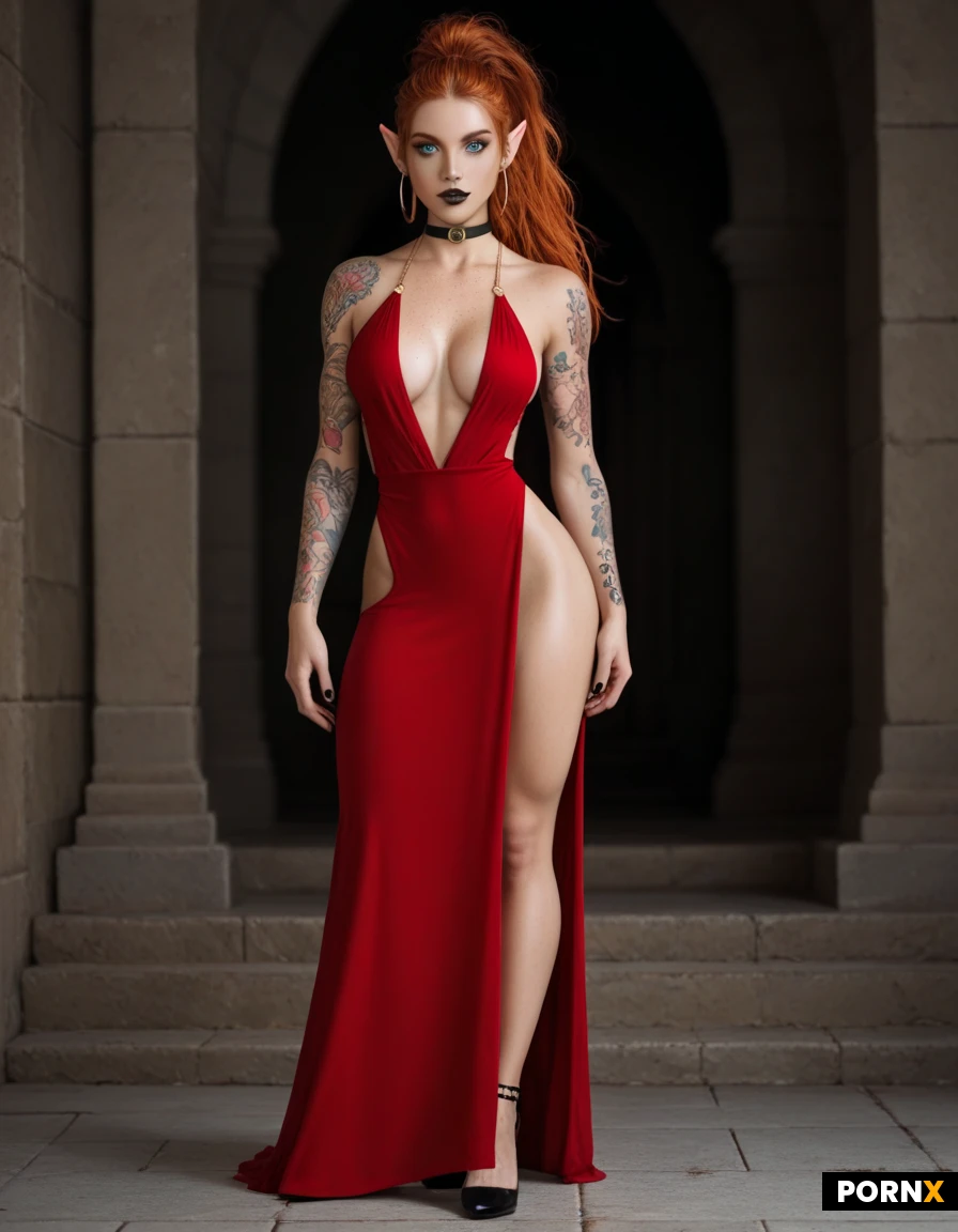 Goth,elf woman,dark tan skin,(big turquoise color eyes),long eyelashes,dark ginger color hair,ponytail with bangs,(dark freckles on cheeks),large natural breasts,athletic body,wide hips,very long elf ears,narrow face,pale skin,heavily tattooed body,gold hoop earrings,black choker,dark lipstick,dark tattoos on shoulders,seductive pose,(slutty red color dress),full body in frame,fantasy castle setting