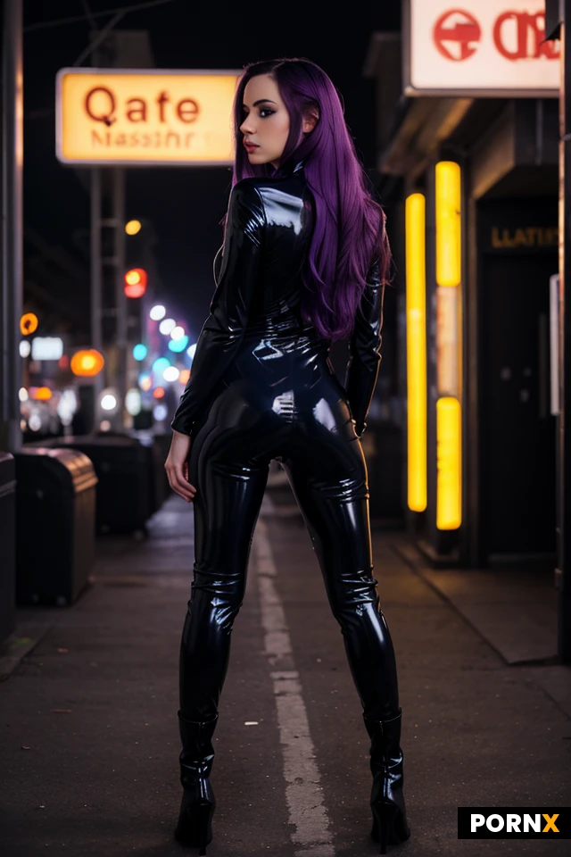 masterpiece, best quality, highres, absurdres, nsfw, 1girl, solo, long_hair, purple_hair, blue_eyes, latex, catsuit, thighhighs, boots, standing, looking_at_viewer, seductive, night, city, neon, backlight, low_angle, depth_of_field