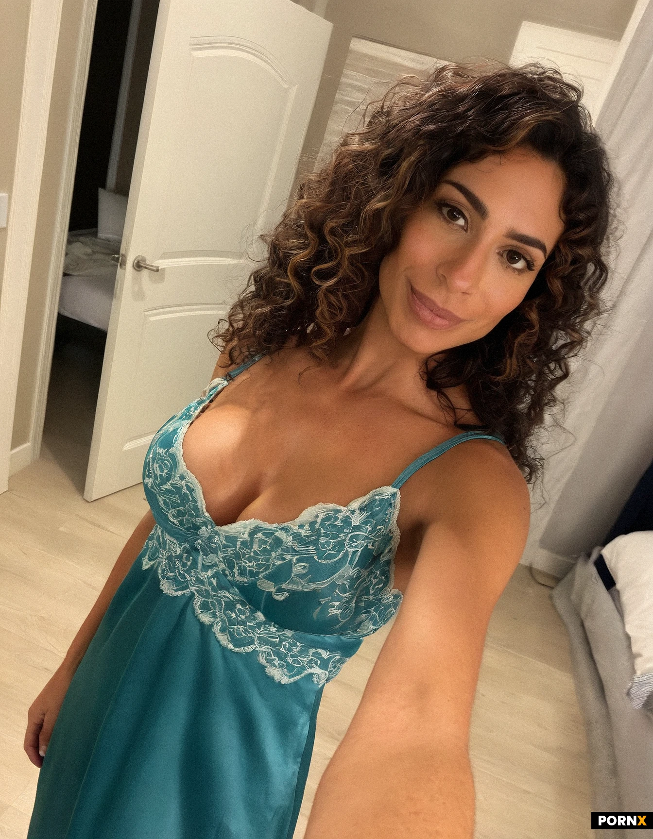 45 years old, (Cute), Matronly, MILF, Beautiful, Latina, Tanned, large eyes, medium hair, average breasts, natural breasts, cleavage, sideboob, curly hair, average body, cellulite, stretch marks, tanned, hips dips, (silk nightgown:1.3), photorealistic, realistic, detailed picture, high resolution, 8k, bedroom, sharp picture, mirror selfie