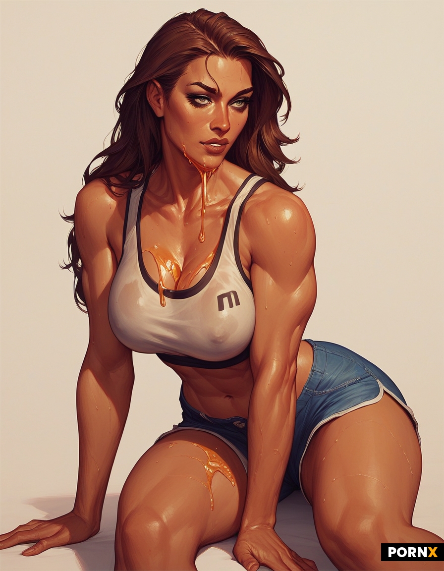 She’s wearing a brown tight sports bra and booty shorts