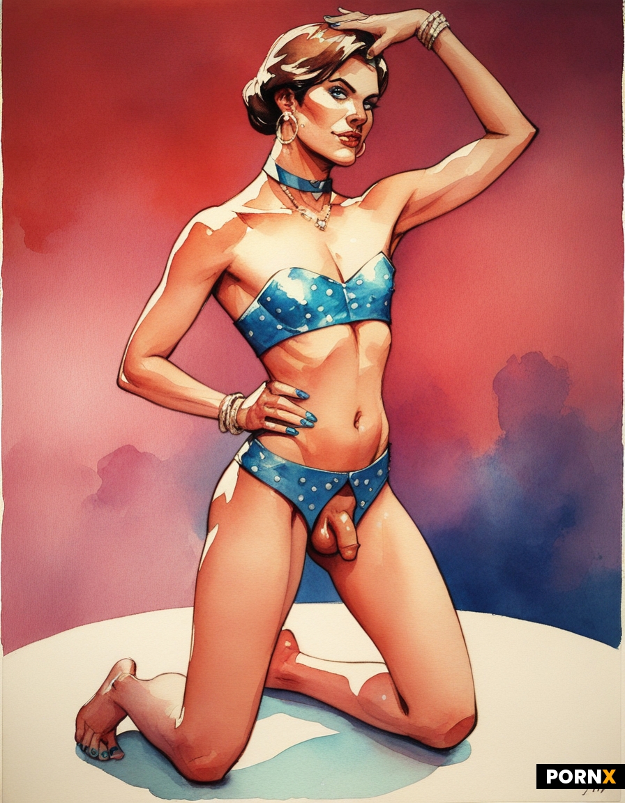 A closeup portrait of a grinning mature crossdresser stripper with fair skin and bare feet and blue 