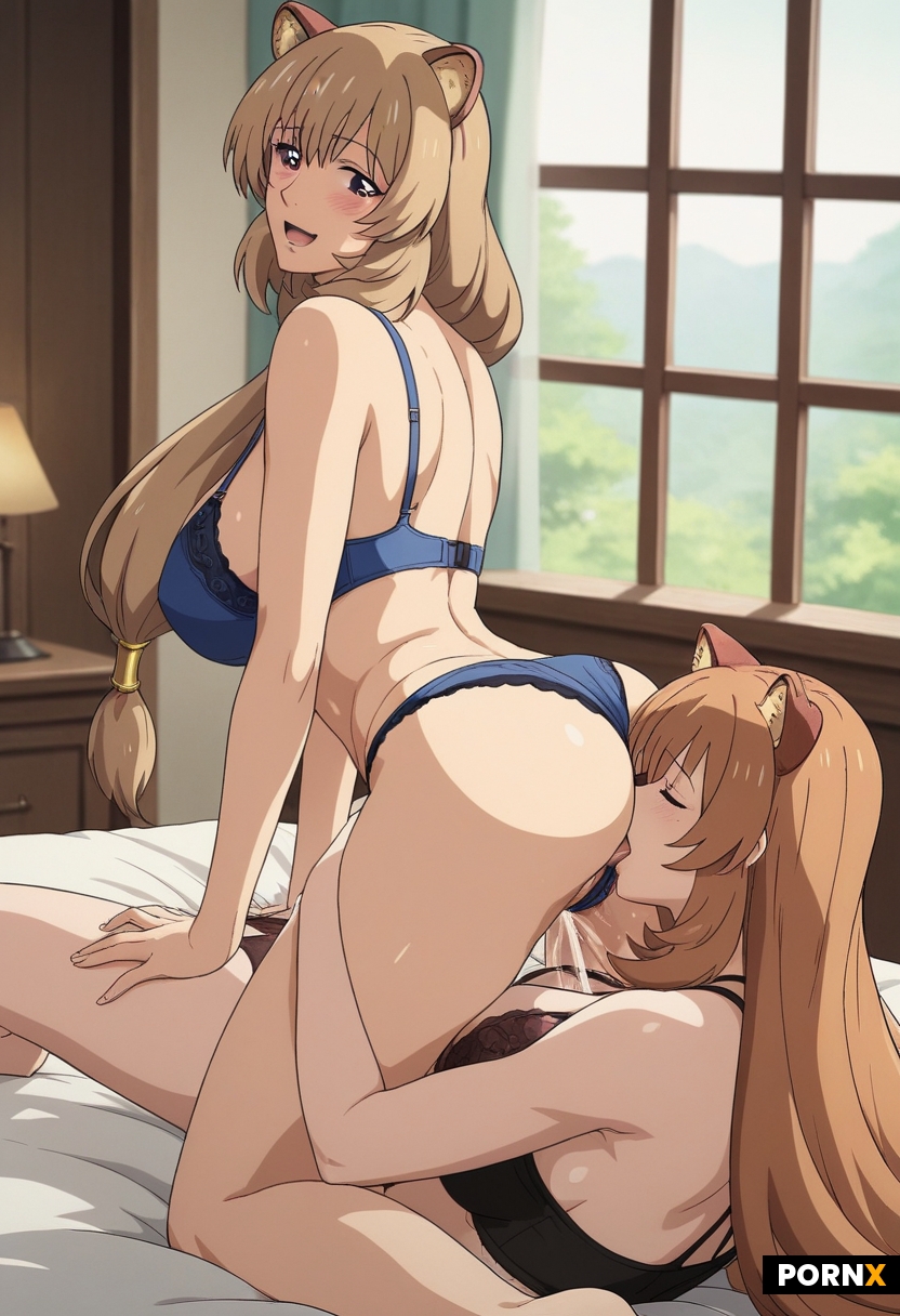 anime cute lesbian raphtalia girls and lesbian tsuki uzaki girls with golden brown skin