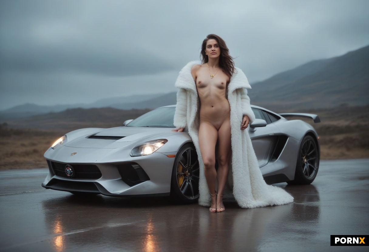 scene_description: A gorgeous woman is modeling in a sexy pose next to a sleek futuristic space age 
