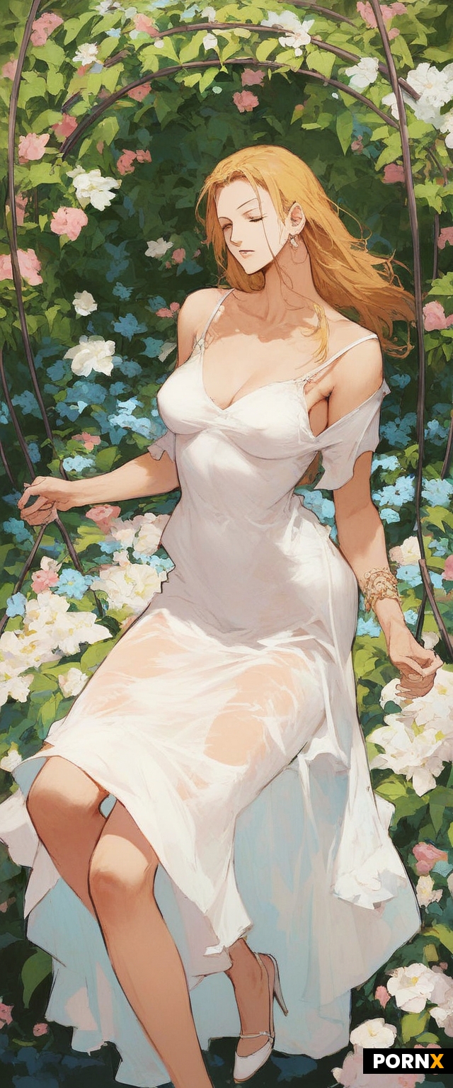 One piece anime style woman sitting on swing in a garden