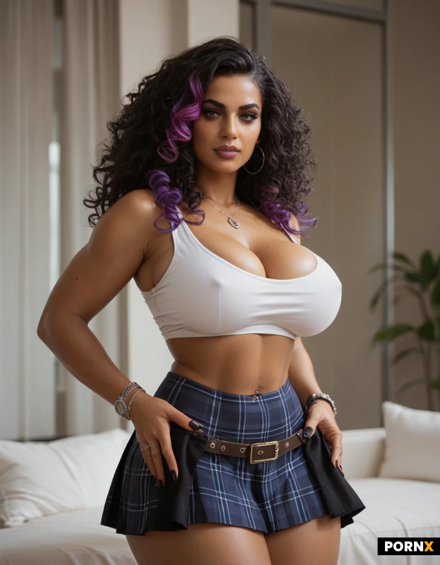 A busty goth latina with DOUBLE D size boobs in a short blue plaid skirt and a band tank top. She has dark curly hair with highlights of purple. She has a curvy thick body build