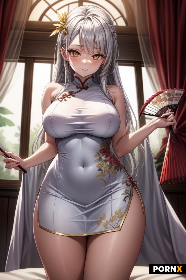 An anime-style digital illustration of a  woman with silver hair and glowing golden eyes