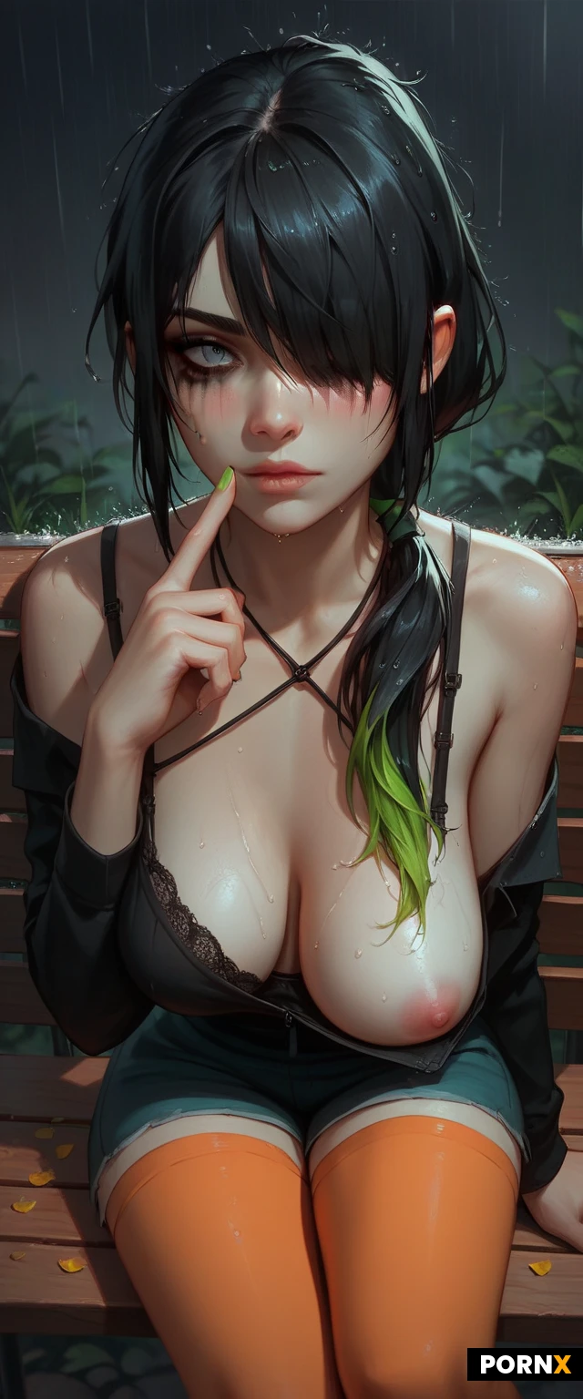 score_9,score_8_up,score_7_up,
((german,charcoal bangs,black hair with green highlights,ponytail)),jade eyes,one eye covered
,Female,cute,(horny),((pale ceramic skin:1.2)),highly detailed face,highly detailed eyes,smeared mascara,highly detailed nipple,curious,good view,incredibly detailed,professional colorgraded,advanced shadows,meticulously created,perfect masterpiece,alone,black background,close,dutch angle,((asymetric)),dappled shadows,realistic texture,advanced physiks,((beautiful hair)),black flower,teardrop shape,petal halter style,wet top,long slit top,((sweaty natural breasts)),wide hips,pretty pink nipple,detailed big areolas,areolas slip,exposed breasts,raining,close face,spread up top,wet panty,wraped around leg,leaning,rest on bench,drenched body,wet hair,beanie,((night)),dark,at train station,leaning over bench,ripped orange stockings,loose blue lace bra,show one breast,(nervous:0.8),shadows,side,gather excessive cum on breasts,pull aside bra,above angle,rest finger