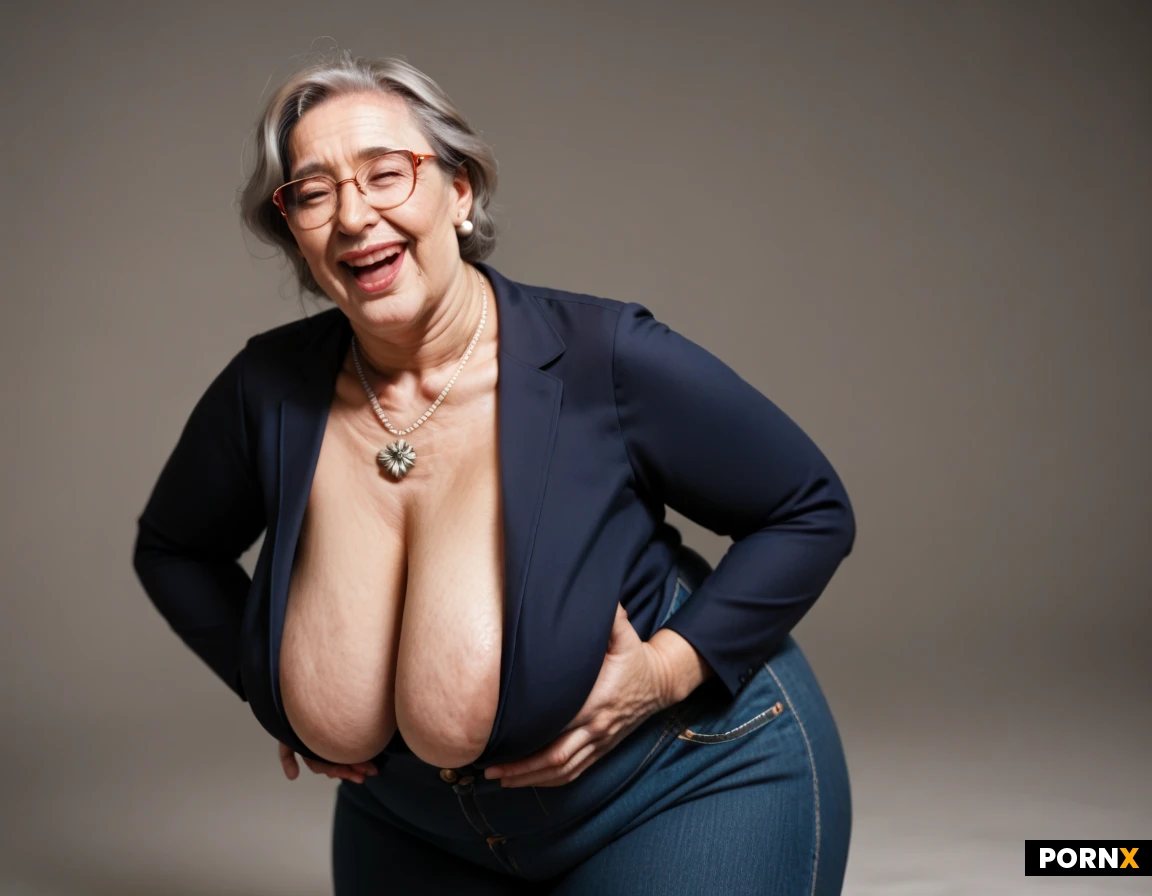 (((gilf))), german, obese,((saggy breasts)), pubic hair,plus size, voluptuous, pear shaped, wide pelvis, thick thighs, round belly, large bust, heavy breasts, broad shoulders, fleshy arms, soft skin, rounded face, rosy cheeks, full lips, thick dark brown curls, chestnut highlights, stray gray hairs, expressive eyes, natural wrinkles, rimless glasses, thin red temples, laughing, joyful, energetic, navy blazer, tight white blouse, cleavage, unbuttoned, decolletage, silver necklace, dark fitted jeans, leather ankle boots, hands on waist, playful posture