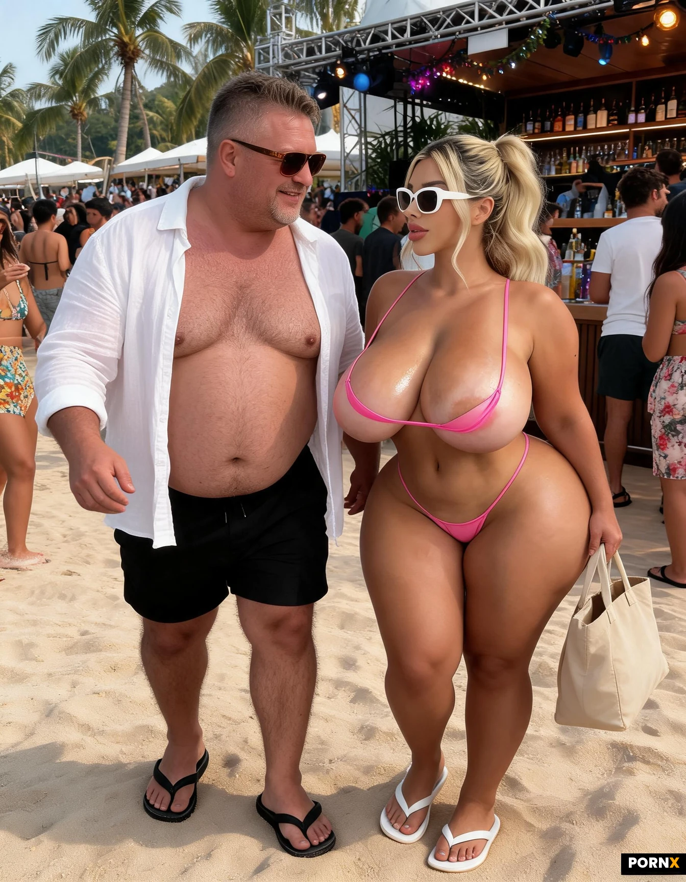 Oiled body. Absurdly large boobs. Pubic hair. Hot pink print nano-bikini. Bikini is ridiculously small and is extremely stretched. Bikini extremely low cut. Extremely low-cut g-string. Crowded Balinese beach club party. White sunglasses. White flip-flops. Tote bag. Dancing with tall fat middle aged man in black board shorts black flip flops, unbuttoned white linen shirt and brown sunglasses