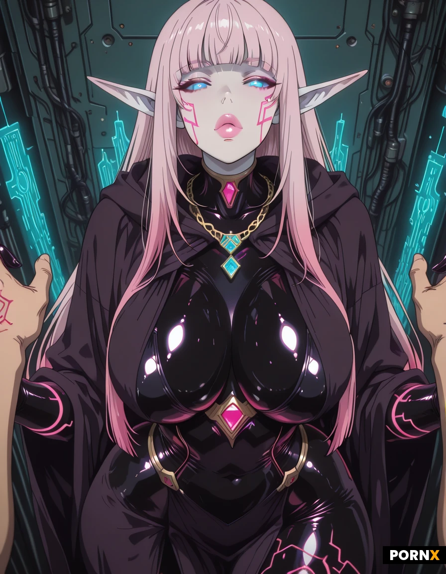 one woman, glowing pale skin, pov, hime cut, extremely long hair, silver to neon pink gradient hair, pointed elven ears, cybernetic glowing blue eyes, big lips, big breasts, wide hips, thick thighs, dark velvet robes over carbon fiber bodysuit, brass gear and glowing crystal necklace, glowing magical rune tattoos on arms, circuit board tattoos on thighs