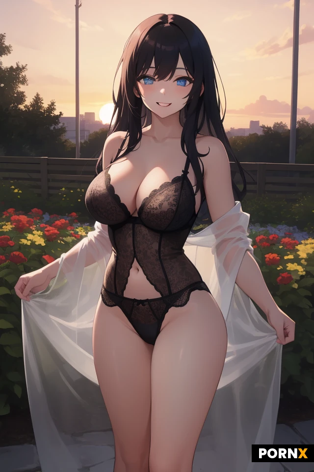 masterpiece, best quality, highres, absurdres, 1girl, solo, long_hair, blue_eyes, breasts, large_breasts, standing, spread_legs, underwear, lace_briefs, smiling, outdoor, garden, sunset, soft_light, depth_of_field