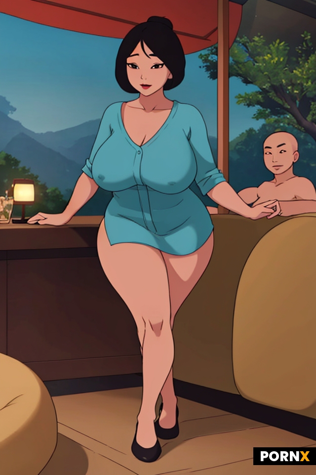 A nude curvy asian mom sitting on a couch on the phone with her family walking around in the backgro