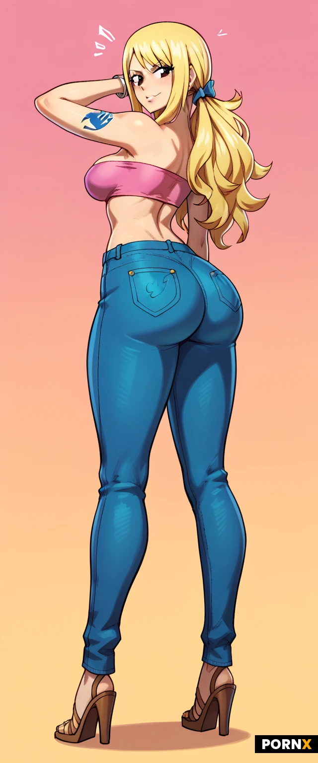 One woman, 18 years old, Lucy, blonde hair, long hair, slim waist, medium breasts, medium ass, wide hips, skinny, slim, , hip lines, fairy tail, tube top, low jeans