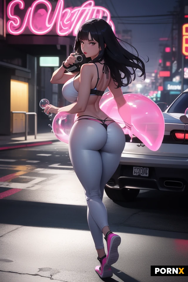 Adult Latina with a huge bubble butt and tiny waist, wearing pink panties, strides down a sunlit LA street. Lowrider cars jump in the background, neon lights flicker. Camera follows her smooth stride, 4K photorealistic, fluid motion