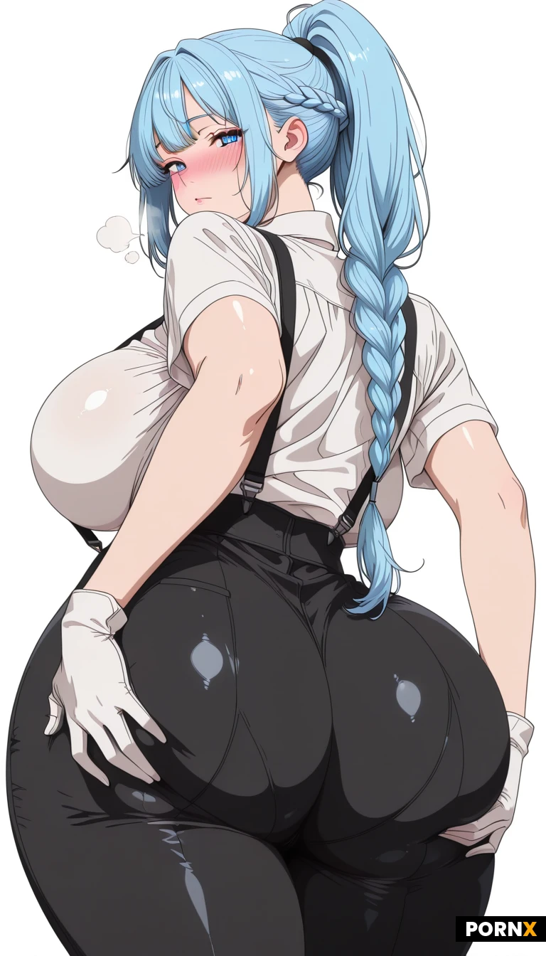 1female ass backboob blue_eyes blue_hair blush braid breasts breath closed_mouth curvy erufura from_behind gloves grabbing_own_ass helm_(nikke) high_ponytail highres (gigantic ass:1.4) huge_breasts long_hair looking_at_viewer ponytail shirt simple_background sleeves_rolled_up solo standing suspenders thick_thighs thighs white_background white_gloves white_shirt black_pants (wide hips), spread ass