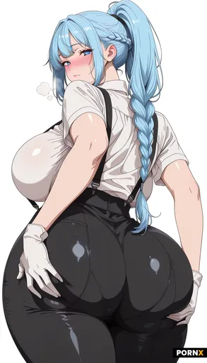 1female ass backboob blue_eyes blue_hair blush braid breasts breath closed_mouth curvy erufura from_