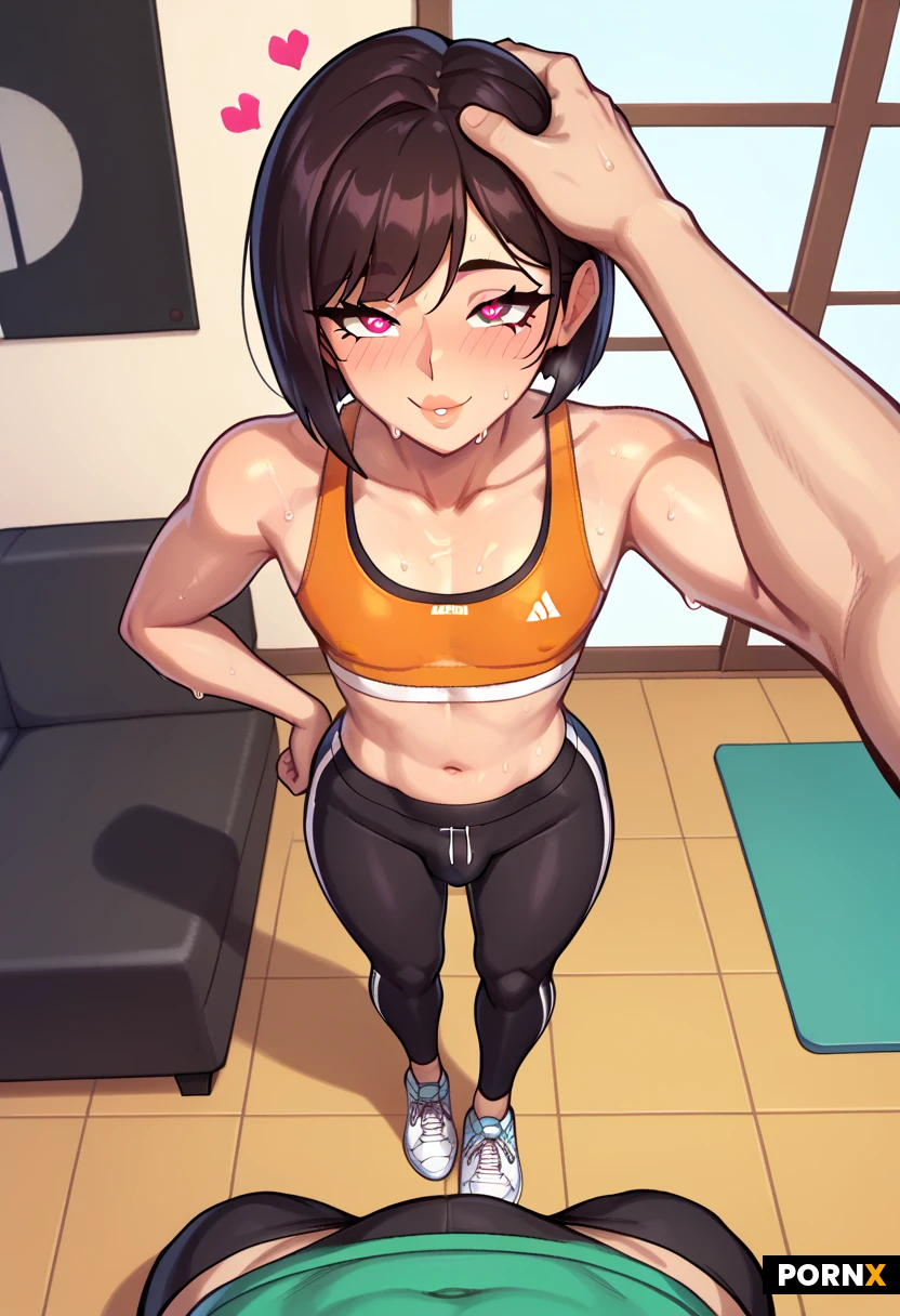 beautiful slender asian woman, black bob with bangs, slim body, small breasts, sports bra and tight leggings, gym outfit, sweaty skin, sneakers, modern living room, large sofa, big windows, natural daylight, 1man, 1femboy, Heart eyes, tiny_femboy, full-length figure, pov Overhead view, tall Man, pat head, boner, black pants, orange bra, standing, pat femboy head, Man's hand on femboy's head, yoga mat