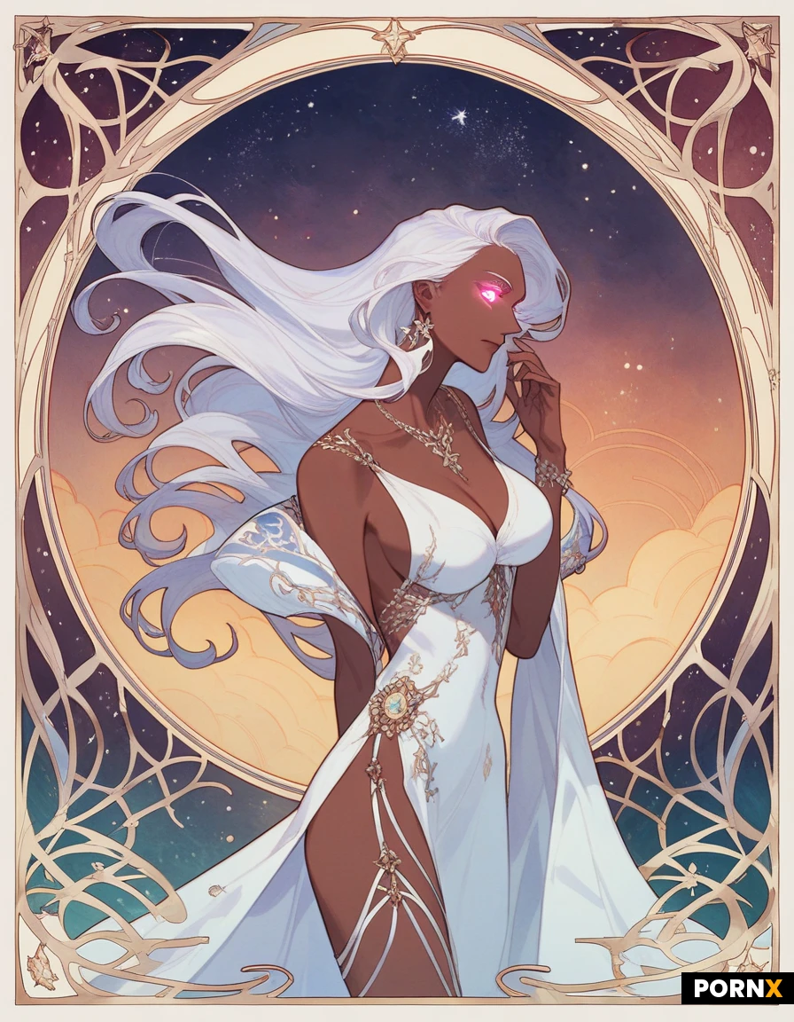 (Art nouveau style), 1 woman, beautiful, cosmic entity, long silver hair floating as if she was underwater, dark violet skin filled with stars and galaxies, slim perfect body, large breasts, simple silver dress with thin straps, glowing eyes like swirling nebula.