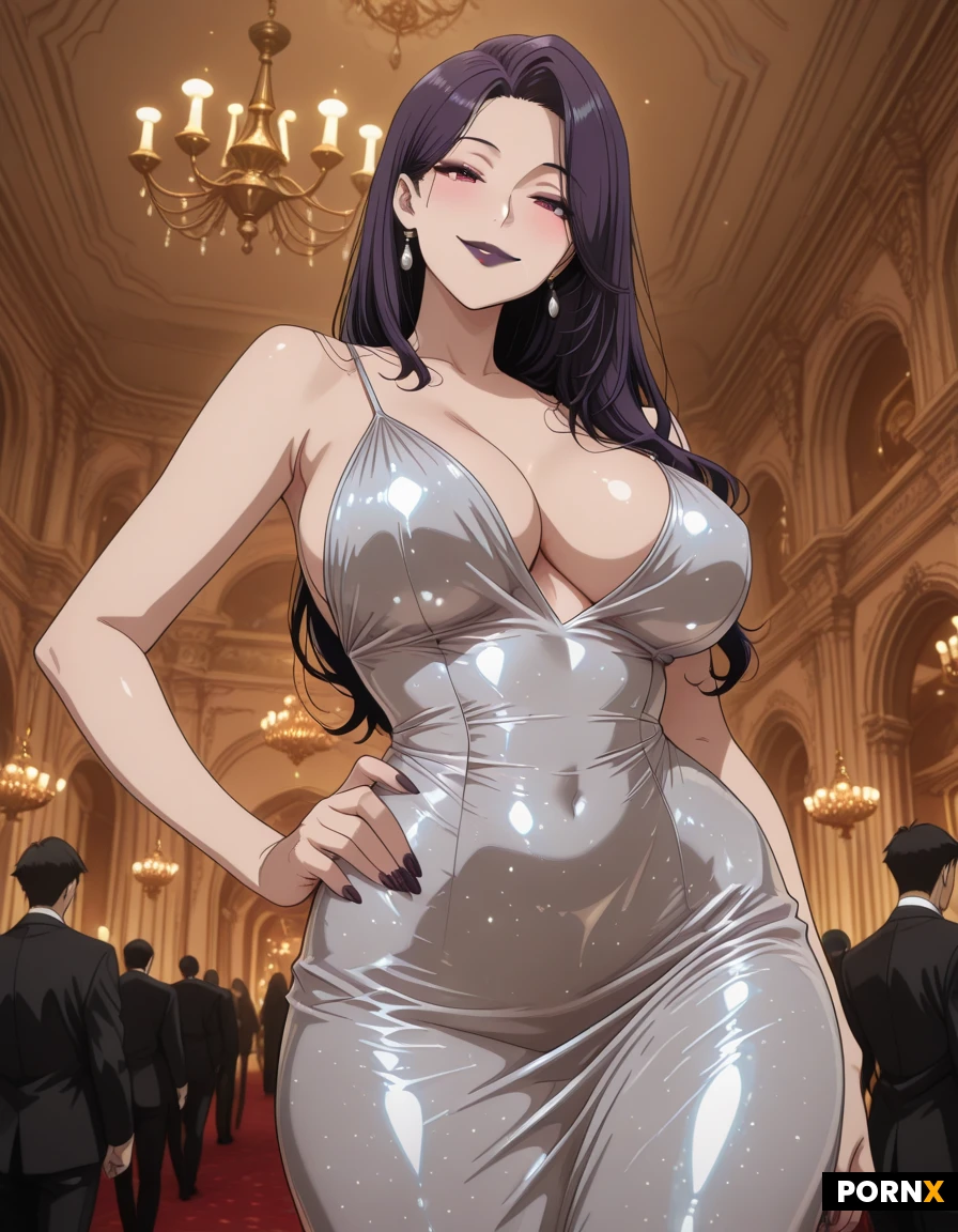 masterpiece, best quality, highres, absurdres, 1girl, solo, looking_at_viewer, large breasts, busty, curvy, hourglass, long hair, tight formal dress, cocktail dress, party dress, standing, hand on hip, smile, flirty, indoor, ballroom, chandelier, soft lighting, shaking hands with the viewer, closeup, dark lipstick